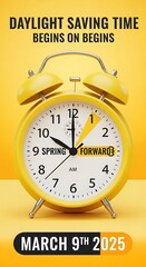 Yellow alarm clock shows daylight saving time begins on March 9th, 2025.