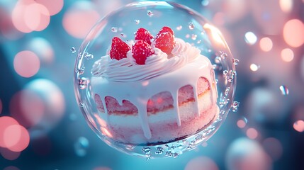 Stylized cake floating in a luminous water bubble