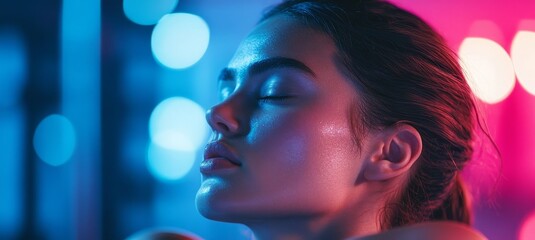 Sweaty Woman's Profile in Neon Pink and Blue Light