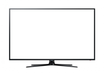 A modern large flatscreen television with a blank white screen displayed on its stand and isolated on white isolated on transparent background
