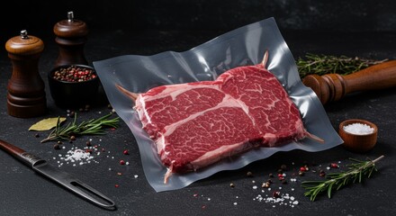 Raw Beef Meat Pack on Dark Kitchen Countertop with Herbs and Spices