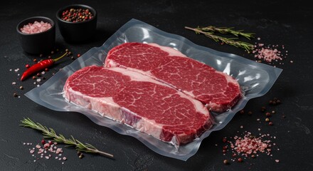 Raw Beef Meat Pack on Dark Kitchen Countertop with Herbs and Spices