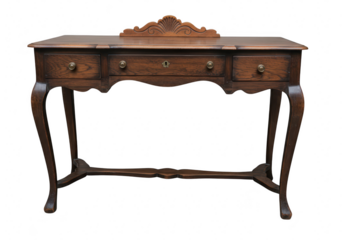 Antique wooden writing desk with three drawers ornate carvings and cabriole legs isolated on a transparent background