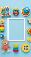 Colorful wooden toys and teddy bear on a light blue background.