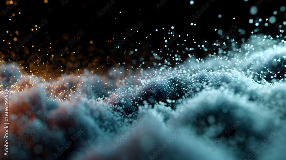 Poster mystical ethereal cloudscape with floating particles shimmering on a dark backdrop creating an abstr