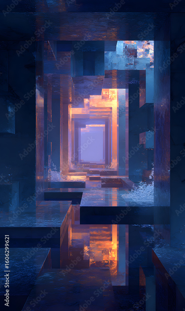 Poster explore the depths of abstract digital architecture a captivating journey through geometric forms in