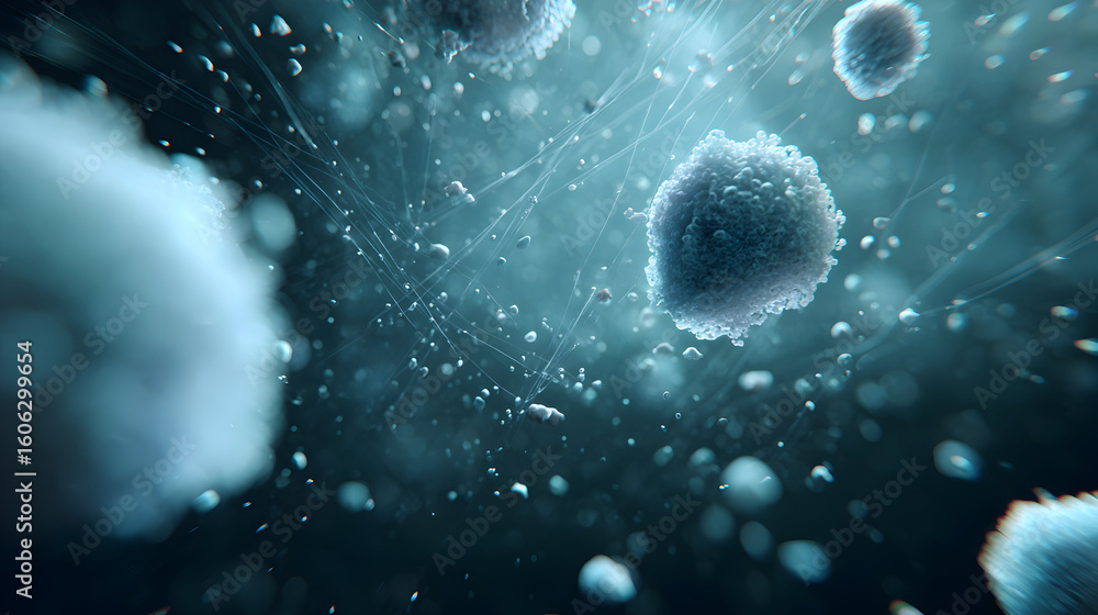 Poster detailed microscopic view of floating cells showcasing intricate web structures and droplets in a bl