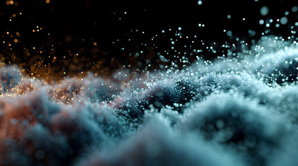 Mystical ethereal cloudscape with floating particles shimmering on a dark backdrop creating an abstract scene of otherworldly beauty and sparkling elegance full of dreamlike allure