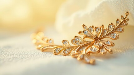 Fototapeta premium Elegant Gold and Crystal Floral Hair Ornament on Soft Fabric