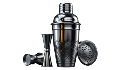 High quality, realistic photo of Stainless steel cocktail shaker set with jigger and strainer, isolated on transparent background, product photography style
