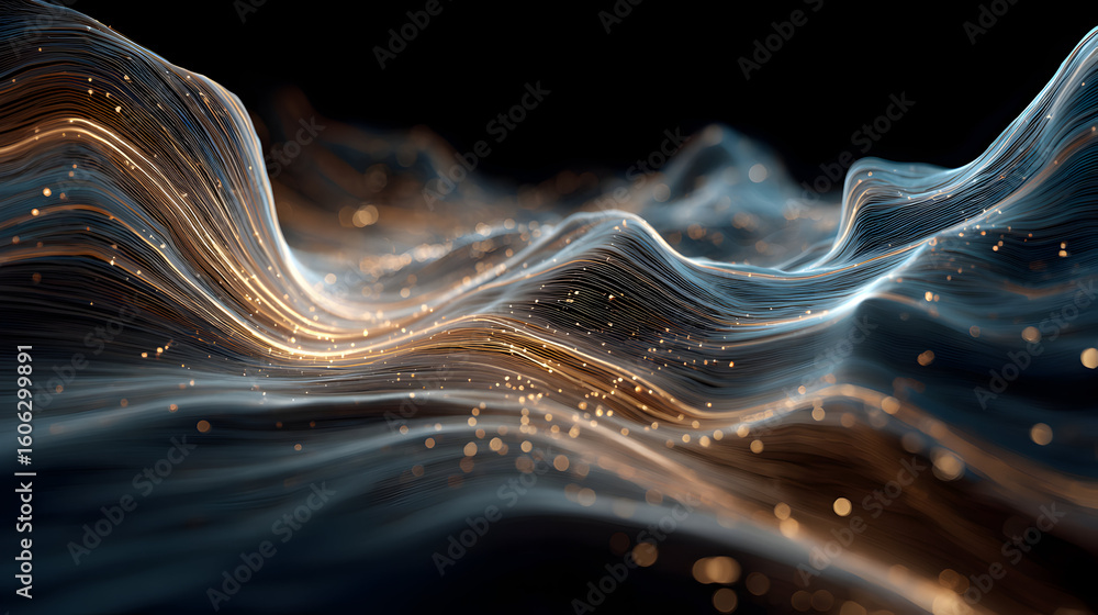 Poster abstract fluid design with flowing strands of light representing energy and movement on a dark backd