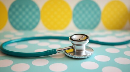 Teal Stethoscope on Polka Dot Surface with Yellow and Teal Circles