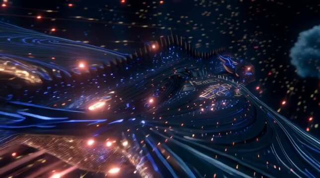  bio-mechanical dragon spaceship swimming through colorful cosmic clouds, its wings flowing like organic fins, the hull covered in glowing runes and smooth bio-metal plating