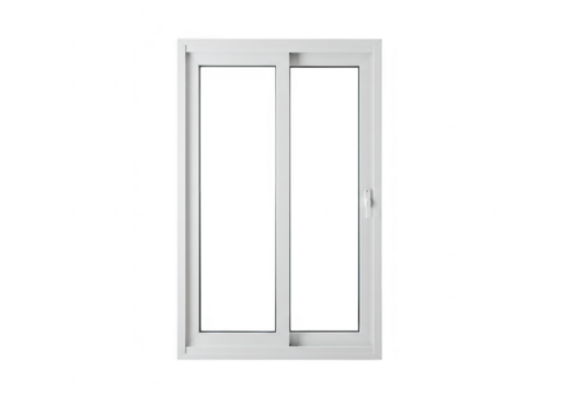 Vertical white sliding window with two equal panes and a simple modern design isolated on a transparent background