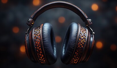 Obraz premium Mockup of Stylish Black and Brown Headphones with Bokeh Lights