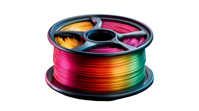 High quality, realistic photo of 3-D printer filament reel PLA rainbow gradient, isolated on transparent background, product photography style