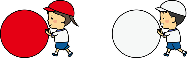 運動会の玉転がしをする小学生男女