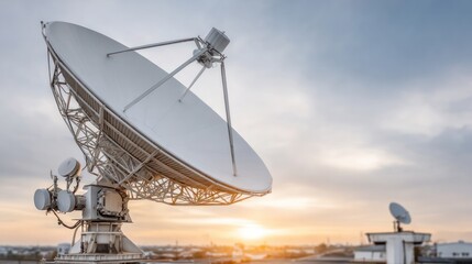 Satellite Dish at Sunset: Capturing a monumental satellite dish poised against the vast expanse of a sunset sky, sending and receiving signals across the globe