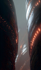 Futuristic city landscape with illuminated spiral towers in a misty ambiance dynamic architecture with glowing orange lights conveying a sense of urban development abstract