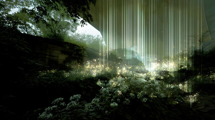 Mystical forest with blooming wildflowers and soft ethereal light creating a fantasy landscape scenic nature background enhancing beauty and serenity in a dreamy atmosphere