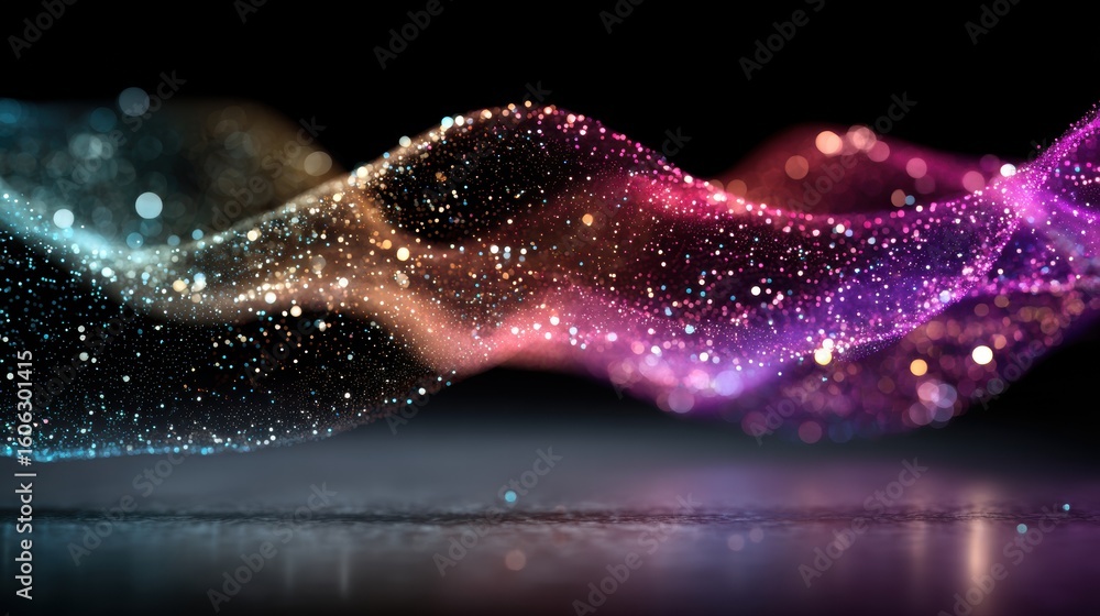 Poster colorful abstract wave motion with glowing particles and shimmering lights against a dark background