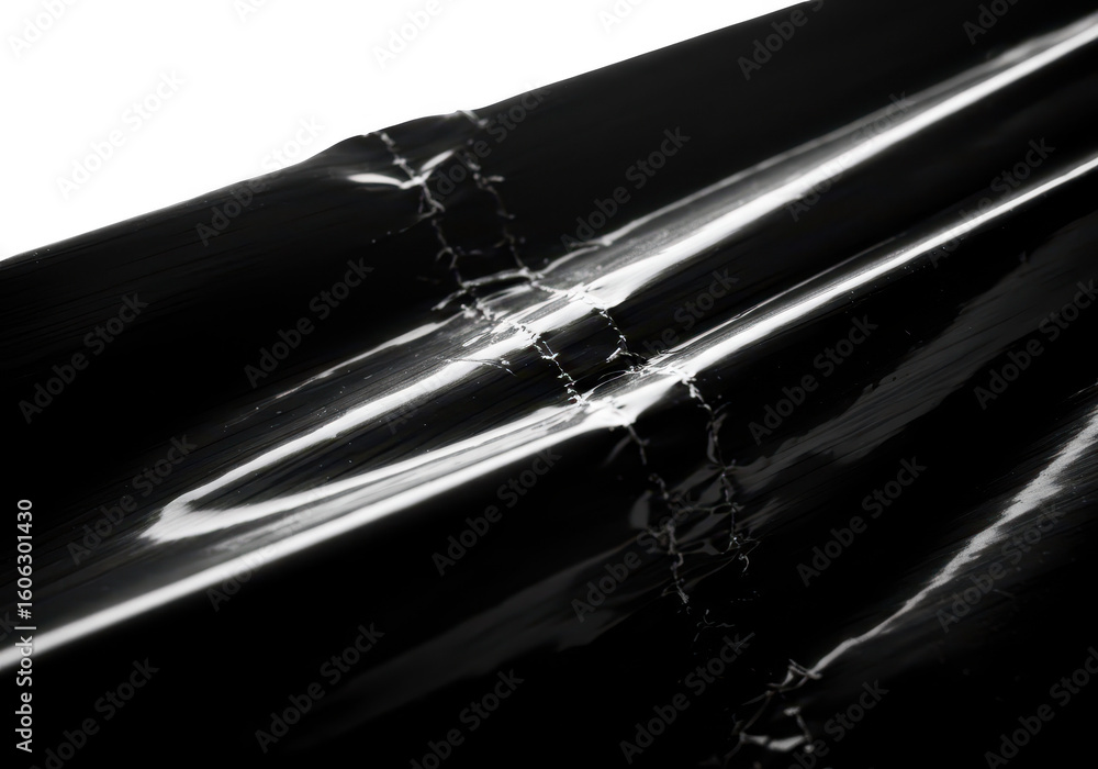 Poster abstract closeup of shiny black plastic wrap with deep creases and bright highlights creating a text
