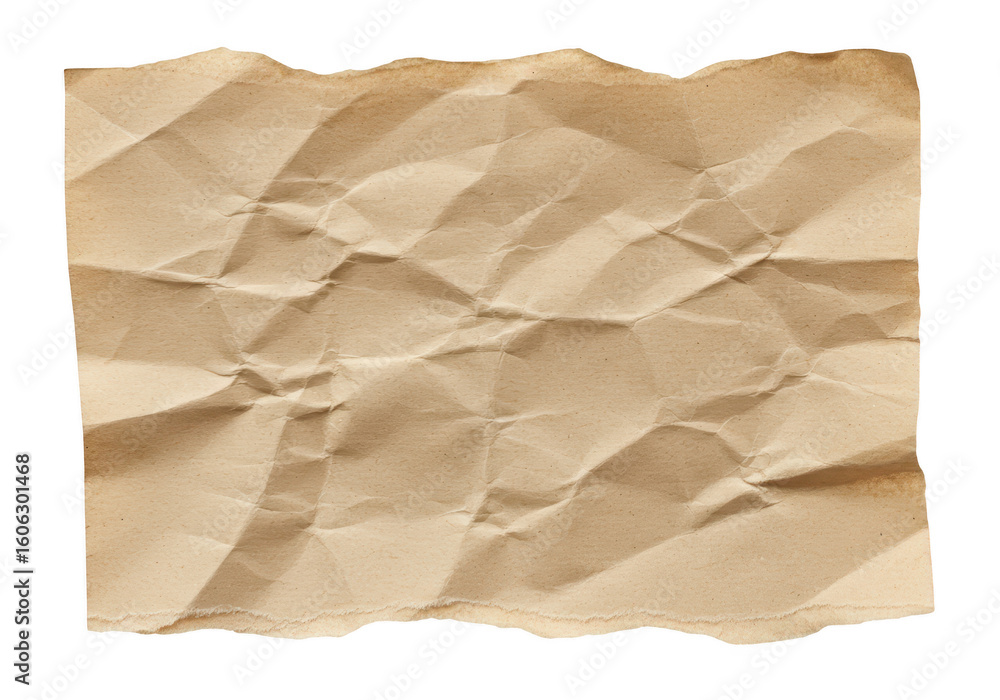 Poster crumpled brown paper with a torn edge isolated on a transparent background highlighting its textured