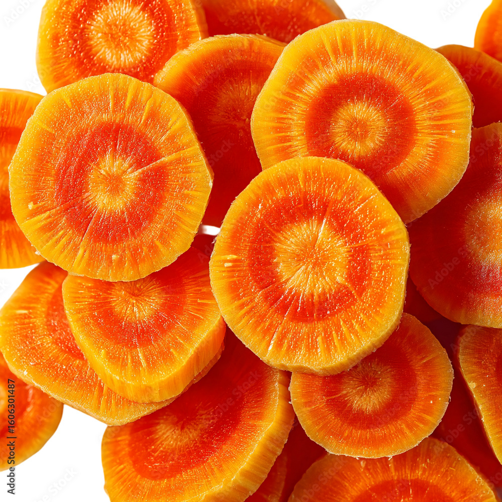 Poster a close up view of a pile of sliced carrots showing their circular pattern isolated on transparent b