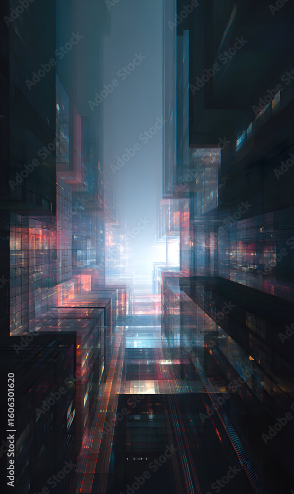 Poster abstract urban architecture with glowing light between geometric structures creating futuristic city