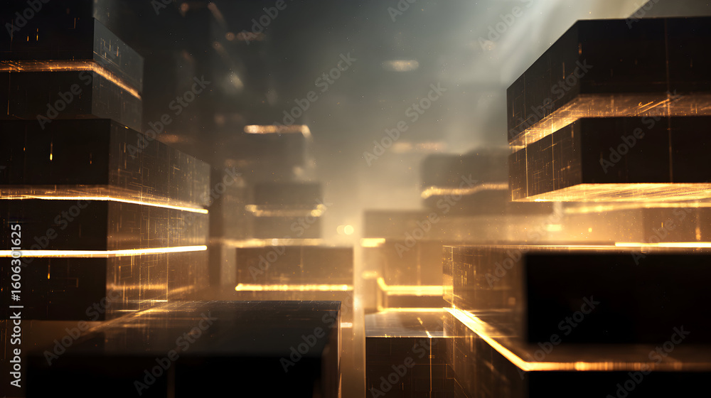 Poster abstract dimensional landscape with glowing cubes creates a futuristic geometric pattern representin