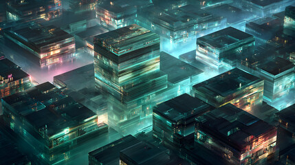 Futuristic Abstract Urban Landscape Featuring Illuminated Cubic Structures a High Tech Metaverse Concept with Glowing Blocks and Reflections Conveying a Cyberpunk Digital City