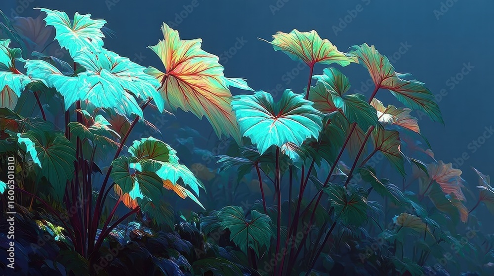 Poster vibrant tropical leaves shining in soft light, displaying unique textures and colors in a mystical f