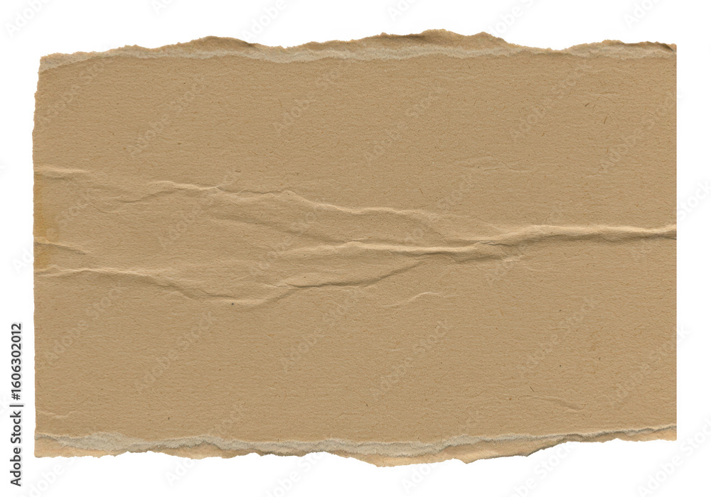 Poster closeup overhead view of a torn piece of brown textured paper with rough frayed edges and visible cr