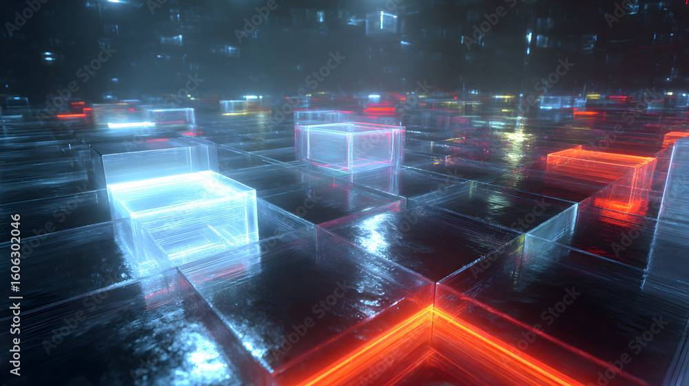 Poster futuristic landscape with neon glowing cubes arranged in a grid pattern illuminated in cool blue and