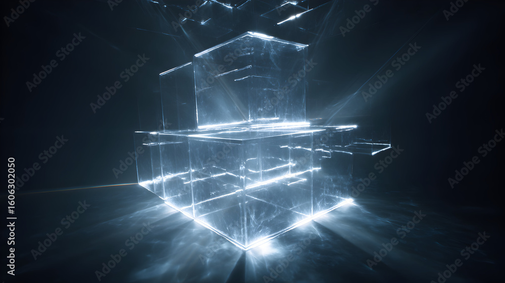 Poster glowing abstract composition of interconnected cubes with luminous rays and dark backdrop for concep