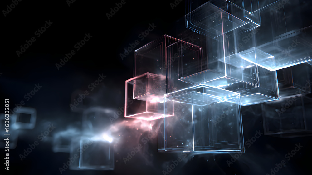 Poster abstract translucent cubes in a dark smoky space creating a futuristic technology concept with blue 