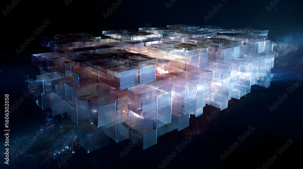 Poster abstract interconnected crystal cubes against dark cosmic background visualizing modern data structu