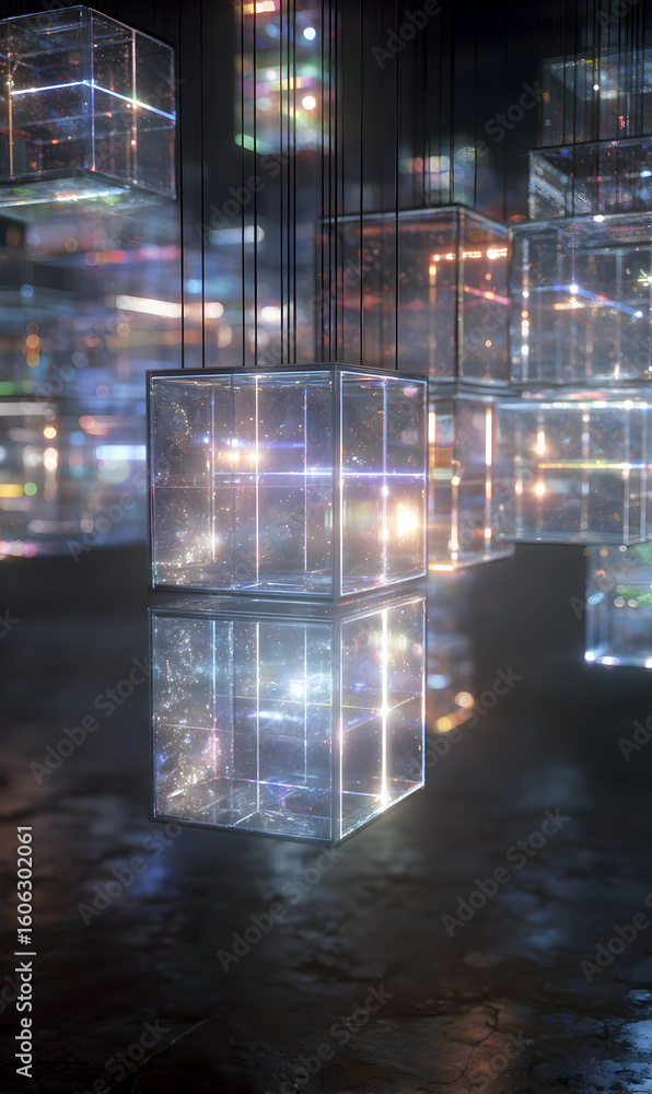 Poster abstract luminous cubes suspended in a shimmering cityscape background with soft lighting effects cr