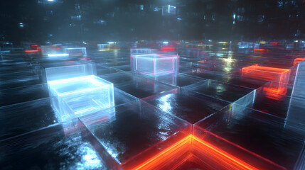 Futuristic landscape with neon glowing cubes arranged in a grid pattern illuminated in cool blue and warm red tones abstract geometric shapes create a hi-tech visual for
