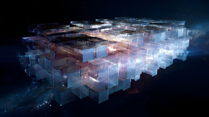 Abstract interconnected crystal cubes against dark cosmic background visualizing modern data structure innovation and digital technology with ethereal light creating a futuristic