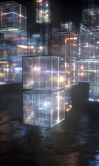 Abstract luminous cubes suspended in a shimmering cityscape background with soft lighting effects creating a modern and ethereal atmosphere perfect for artistic designs or