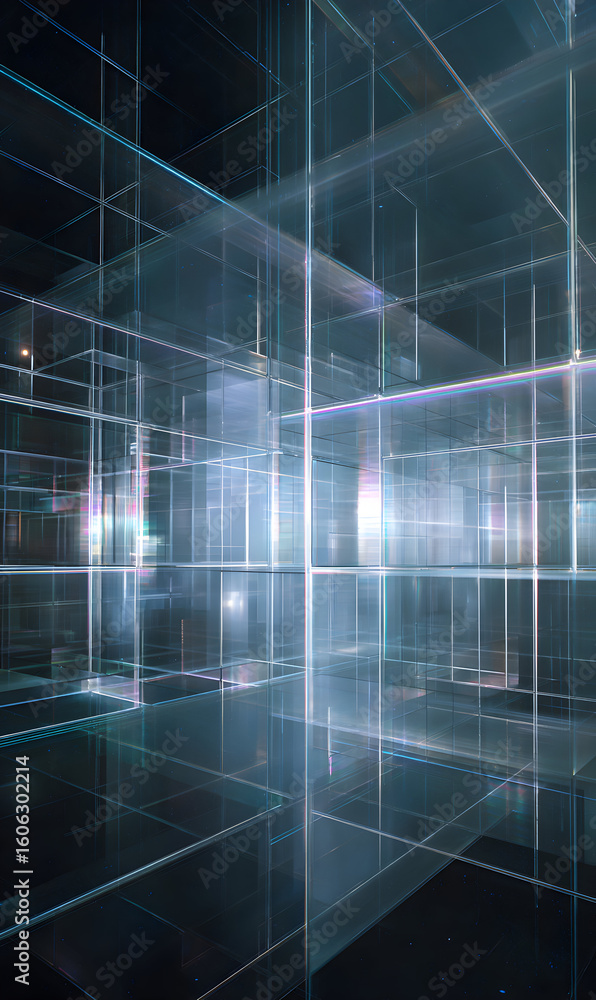 Poster abstract glass cube structure with ethereal light and reflective surfaces creates a modern architect