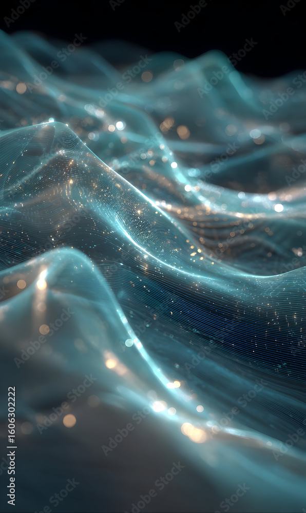 Poster abstract glowing waves of turquoise ethereal water shimmer with golden highlights creating a mesmeri