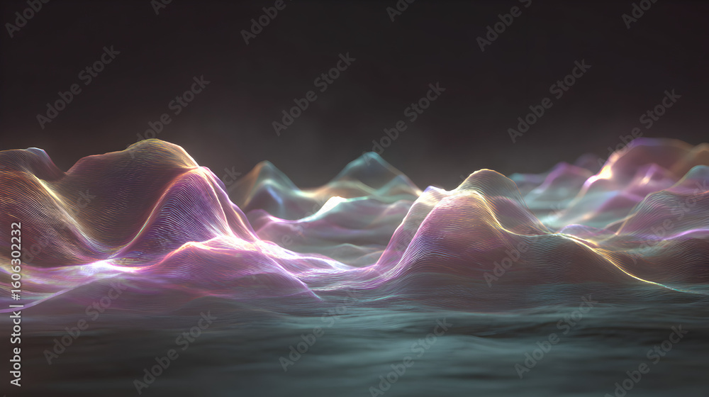 Poster colorful abstract digital landscape with soft light and dark background depicting a virtual world cr