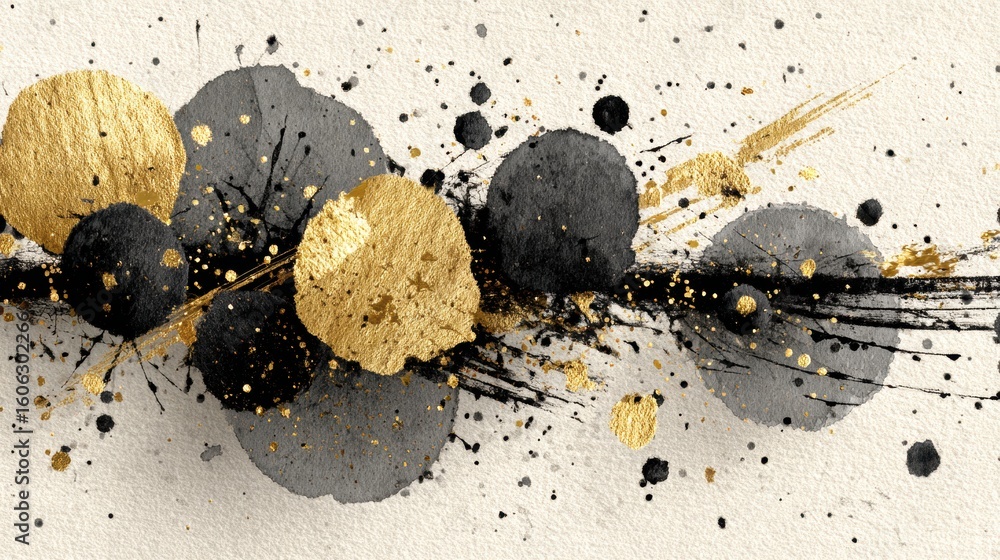 Poster elegant abstract art with gold and black splashes on a textured background for design and decoration