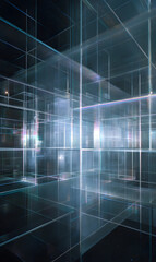 Abstract glass cube structure with ethereal light and reflective surfaces creates a modern architectural concept reflecting technology and futuristic design offering depth and