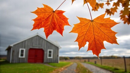 Fall foliage maple leaves with barn landscape autumn season scenic view rural countryside nature 100