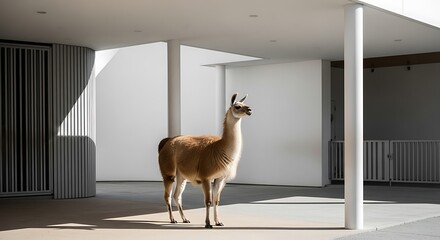 Llama standing in a modern architectural enclosure.