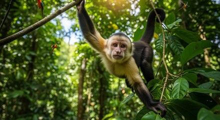 A capuchin monkey in a lush rainforest canopy.