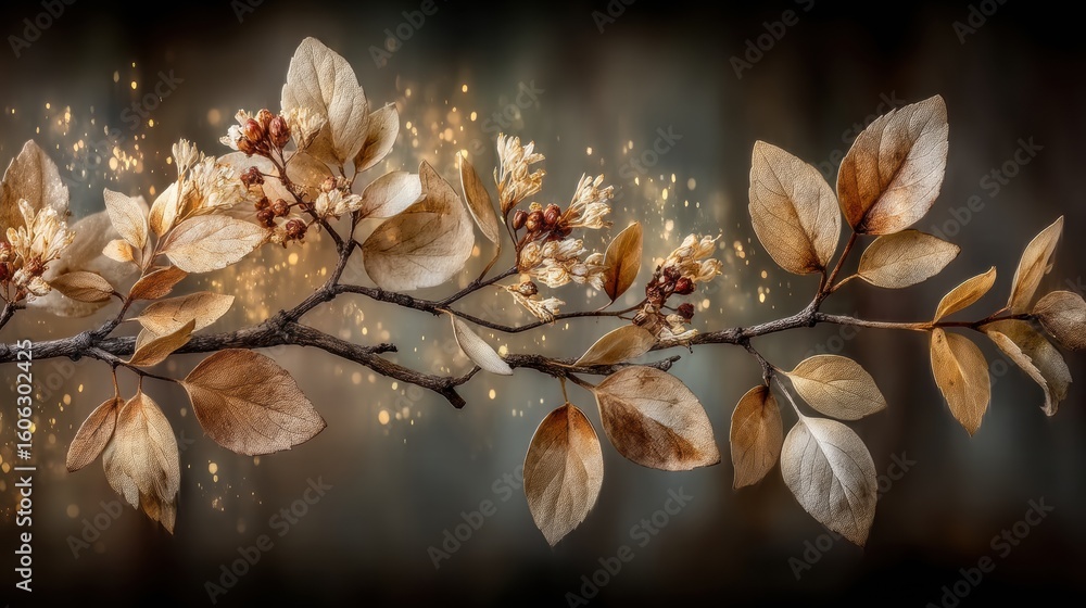 Aufkleber elegant and delicate branch with autumn leaves and bokeh lights in warm tones creating a dreamy atmo